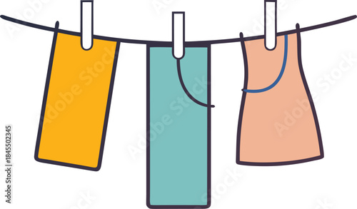Single-color line art of a clothesline with three simple pieces of laundry hanging to dry, white background.