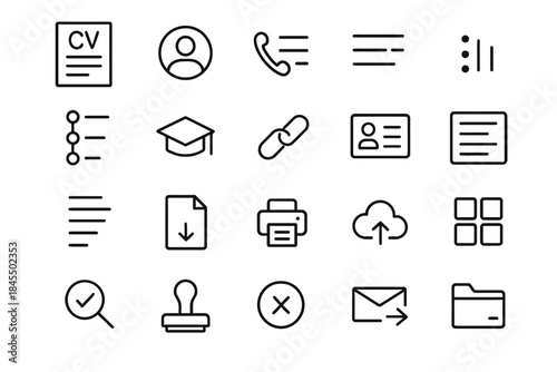 Set of 20 minimalist line icons for office and communication tools