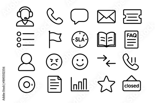Customer service icons: communication, support, feedback, documentation, faq