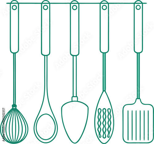 Single-color line art of 4 different essential kitchen utensils hanging neatly (spoon, spatula, whisk), white background.