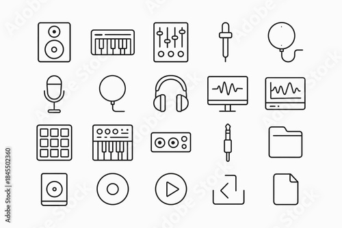 Set of audio and music equipment icons in minimalist line style