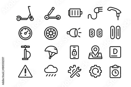 Electric scooter icons: tools, safety, and connectivity
