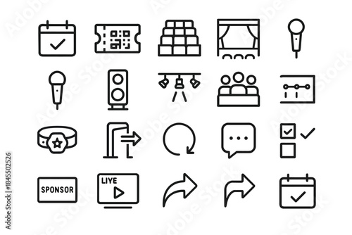 Event planning icons: calendar, qr code, stage, microphone, speaker, graph