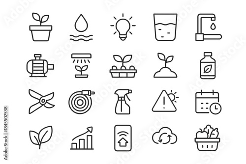 Gardening and sustainability icon set with plants, tools, and eco-friendly symbols