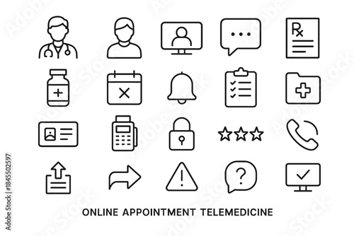 Online appointment telemedicine icons: doctor, chat, prescription, calendar, security