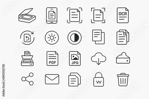 Document icon set: scan, edit, convert, share, pdf, jpg, ocr, cloud, security