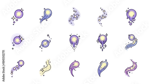 Abstract celestial elements with glowing orbs and trailing effects on white