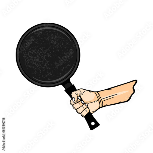 right hand holding a frying pan vector illustration
