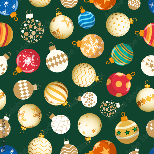 Seamless Christmas Ornament Pattern On Dark Green