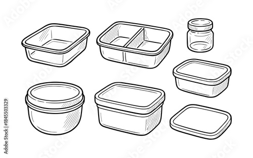 Collection of hand-drawn food storage containers and jars in a simple line art style
