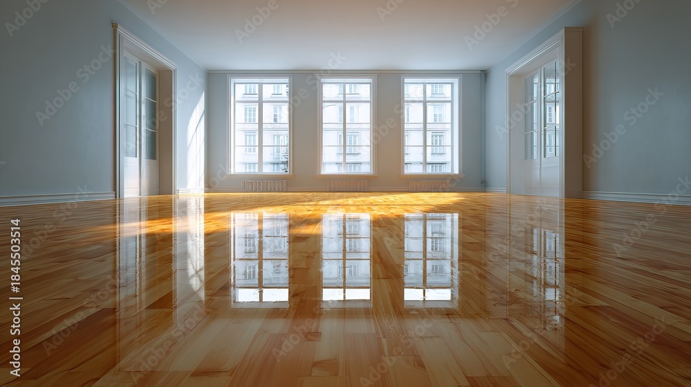 Fototapeta premium room with wooden floor and large windows shows sunlight shining through. floor reflects light, creating warm effect. space is empty and open