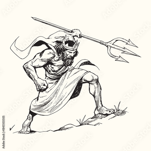 Ancient Greek God Poseidon Vector Engraving: Detailed historical illustration of the mighty God of the Sea holding his trident, depicted in a powerful, classical ink sketch style.