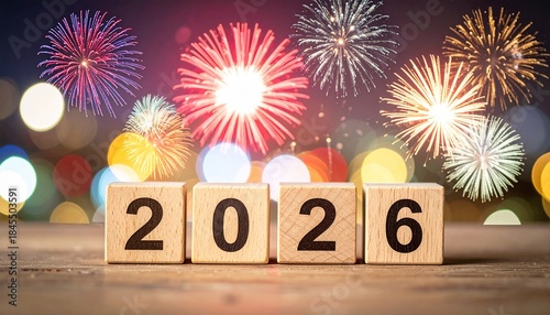 2026 New Year Celebration With Wooden Number Blocks, Vibrant Fireworks, And Dreamy Defocused Lights Creating A Festive Eve Night Atmosphere
