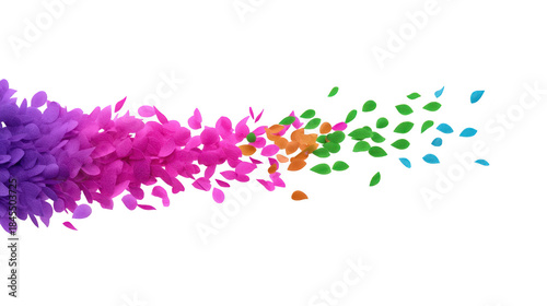 Colorful petal explosion with vibrant purple, pink, orange, green, and blue petals spreading dynamically on transparent background, evoking creativity and joyful energy