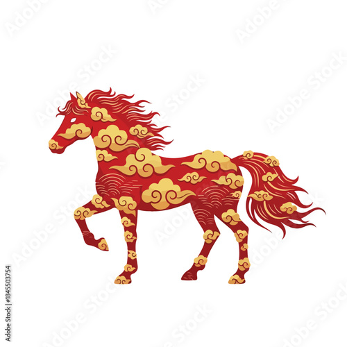 A vibrant red horse with golden swirling patterns, symbolizing Chinese New Year 2026 icons, set against a clean white background with a dynamic and festive mood.
