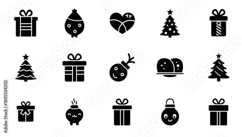 Black and white holiday icons gift boxes christmas trees and festive emblems