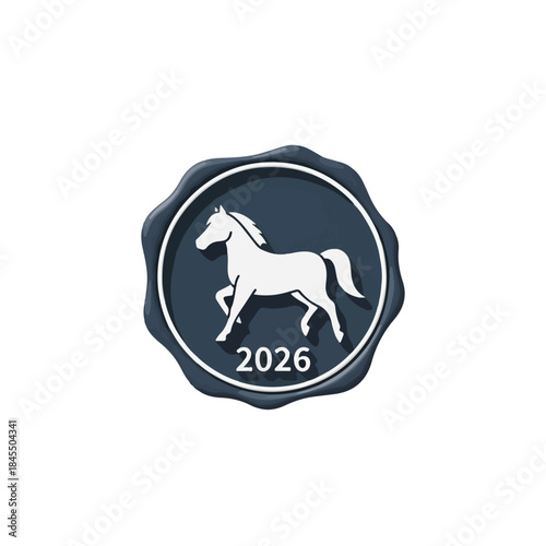 Graphic illustration of a white horse icon in a navy blue circular badge with wavy edges and the year 2026 for Chinese New Year 2026 icons on a plain white background.