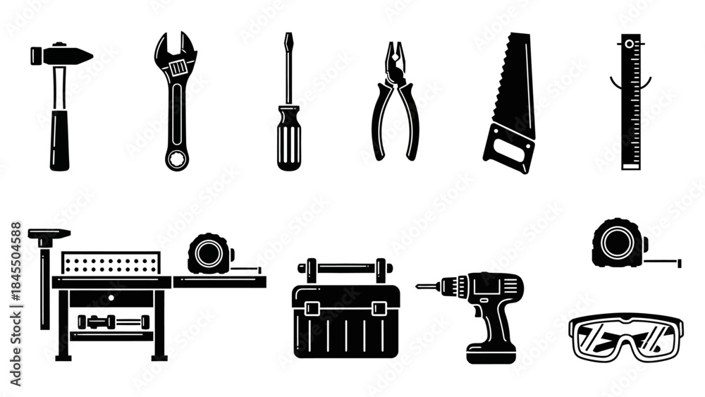 Obraz premium Black and white tool icons set hammer wrench screwdriver pliers