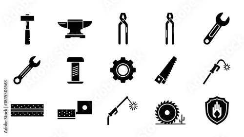 Black and white tool icons set hammer wrench gear and more