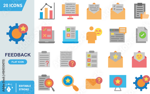 Collection of twenty flat design icons representing customer feedback survey results and user satisfaction metrics on white background