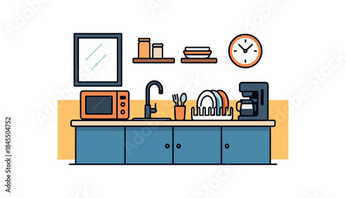 Flat vector illustration of bright office kitchenette with reusable plates cutlery jar and dish rack
