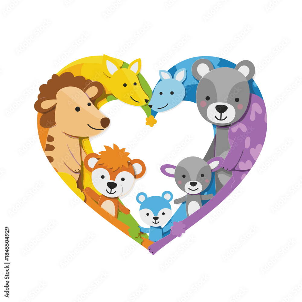Fototapeta premium Cute paper-cut animals forming a heart shape with vibrant colors 