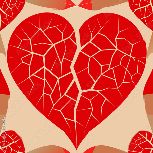 Red heart with smooth symmetrical cracks on beige background