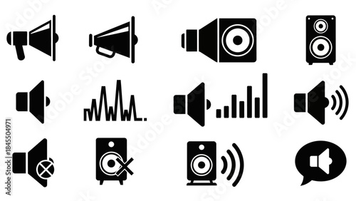 Black speaker icons set for audio sound and communication concepts