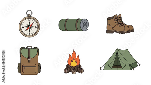 Camping gear icons compass sleeping bag boots backpack bonfire tent