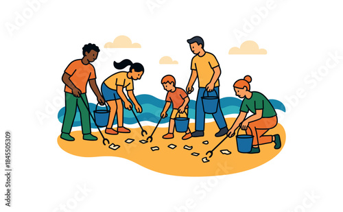 Flat vector illustration of colorful beach cleanup line of volunteers with buckets and tongs near vivid waves