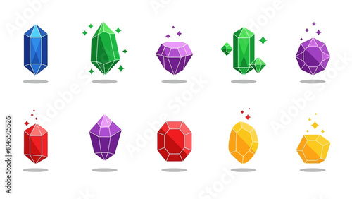 Collection of colorful gemstones isolated on white background with shadows