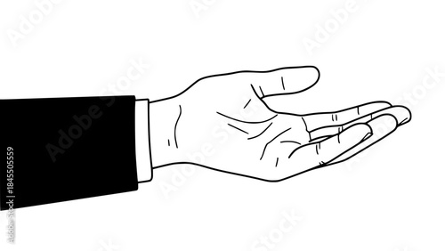 Helping hand vector illustration, open palm gesture symbolizing support, care and solidarity, timeless clothing sleeve, flat design, modern vector style, isolated background