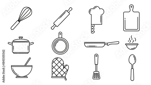 Collection of kitchen utensils and cookware in simple outline style
