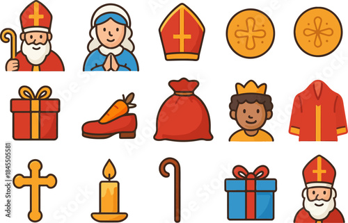 st nicholas saint icons and symbols illustration set
