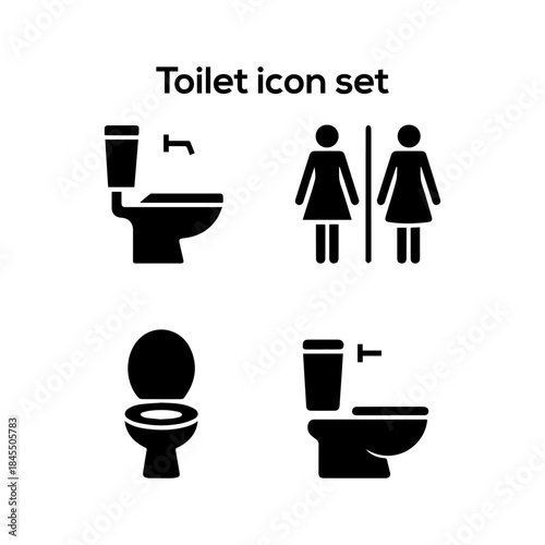 Bathroom and Restroom Solid Icon Set: Toilet, Water Closet, Public Facility, Gender Signs, and Hygiene Vector Graphics