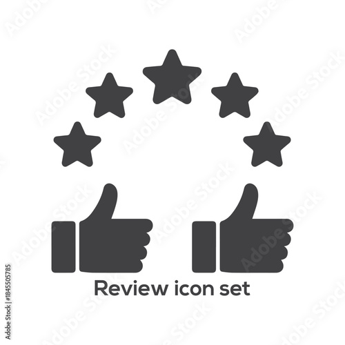 Customer Review and Rating Solid Icon Set: Five Stars, Thumbs Up, Feedback, Satisfaction, Best Quality, and Service Ranking Graphics