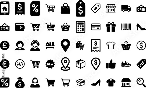 Shopping and retail icon set of 50 solid vector symbols for ecommerce, store, sale, payment, delivery, customer service and commerce on white