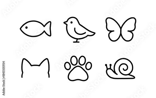 Collection of simple line art icons representing various animals and pets
