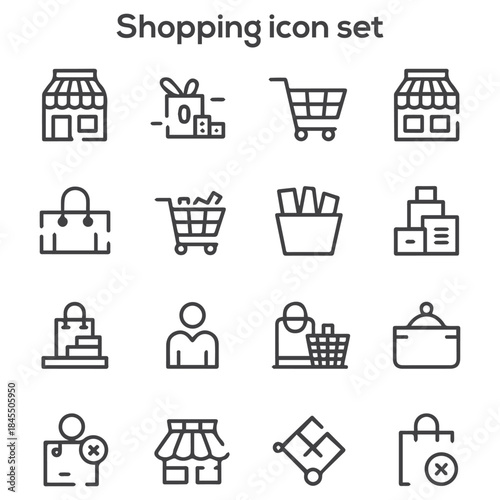 E-commerce and Retail Shopping Outline Icon Set: Online Store, Marketplace, Consumerism, and Purchase Vector Line Graphics