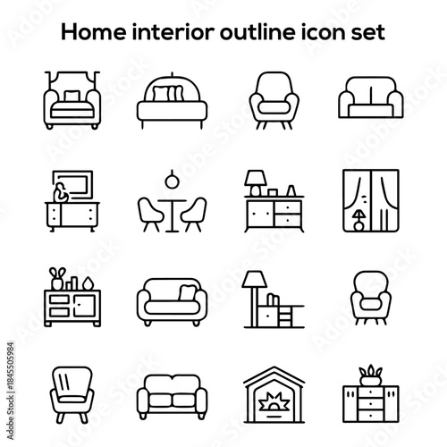 Modern Home Interior Furniture Outline Icon Set: Living Room Decor, Apartment Furnishings, and House Vector Graphics
