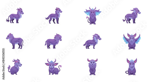 Fantasy creature collection various stylized mythical beings isolated on white