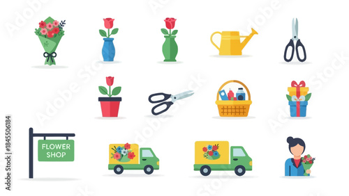 Floral icons set flowers shop delivery tools and woman in vector design