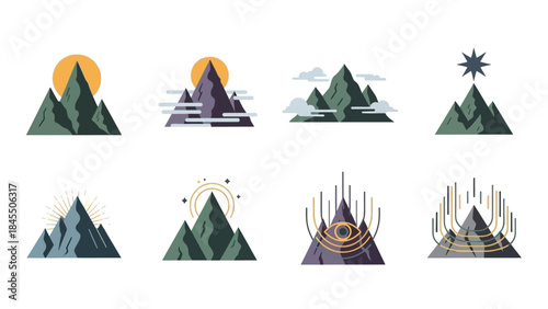 Geometric mountain icons set depicting nature and celestial elements