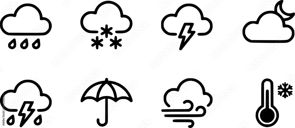 Obraz premium Collection of Weather Icons Rain, Snow, Thunderstorm, Night, Umbrella, Wind, Cold