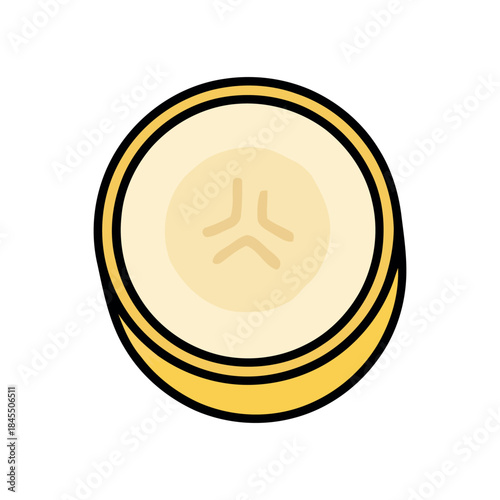 Colorful cartoon banana slice, round cross-section of yellow fruit with brown seeds, simple doodle style vector illustration.