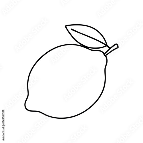 Black outline doodle of a whole lemon with a leaf and stem, simple line art vector for a coloring book or food icon.