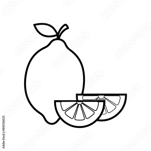 Black outline doodle of a whole lemon with two separate slices, simple line art vector illustration for a coloring book or food icon set.
