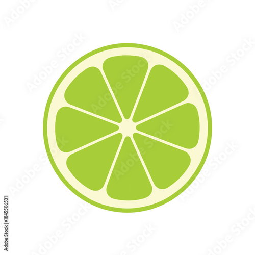 Round slice of lime with segments and rind, simple flat color vector illustration, ideal for mojitos and fresh drink concepts.