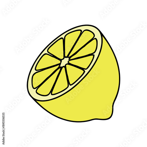 Colorful cartoon half-cut lemon showing yellow pulp and segments, simple doodle style vector illustration on white background.