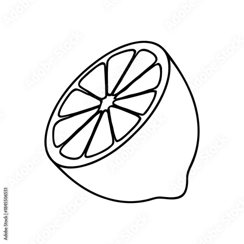 Black outline doodle of a half-cut lemon showing segments, simple line art vector for a coloring book or food icon.